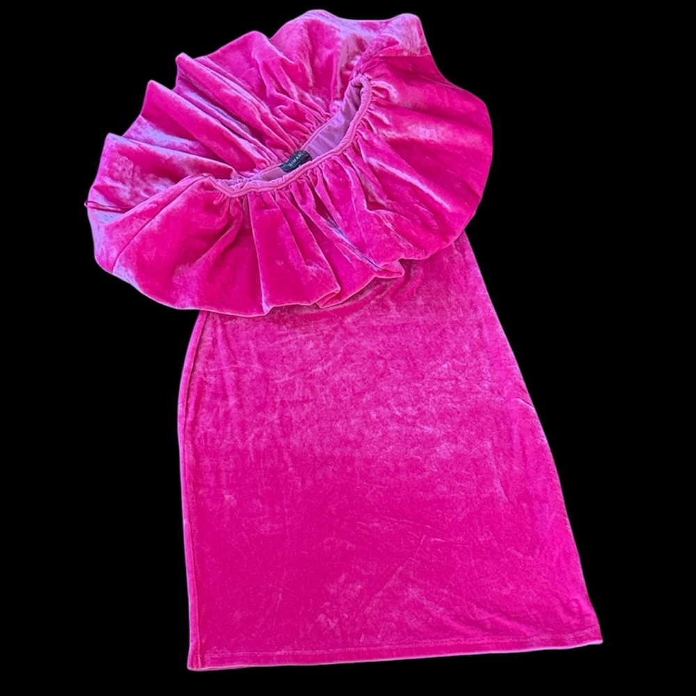 Pink Velvet Off Shoulder Abstract Dress - Picture 1 of 15